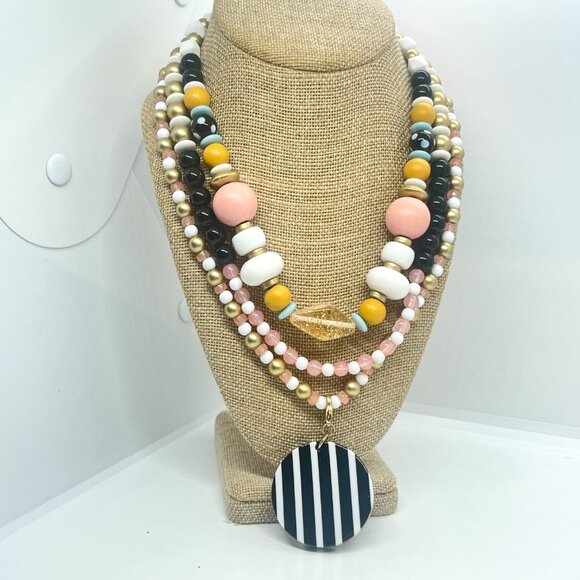 PLUNDER MULTI STRAND LAYER POP ART NECKLACE BEADS STRIPE PENDANT ORANGE PINK - Picture 3 of 16